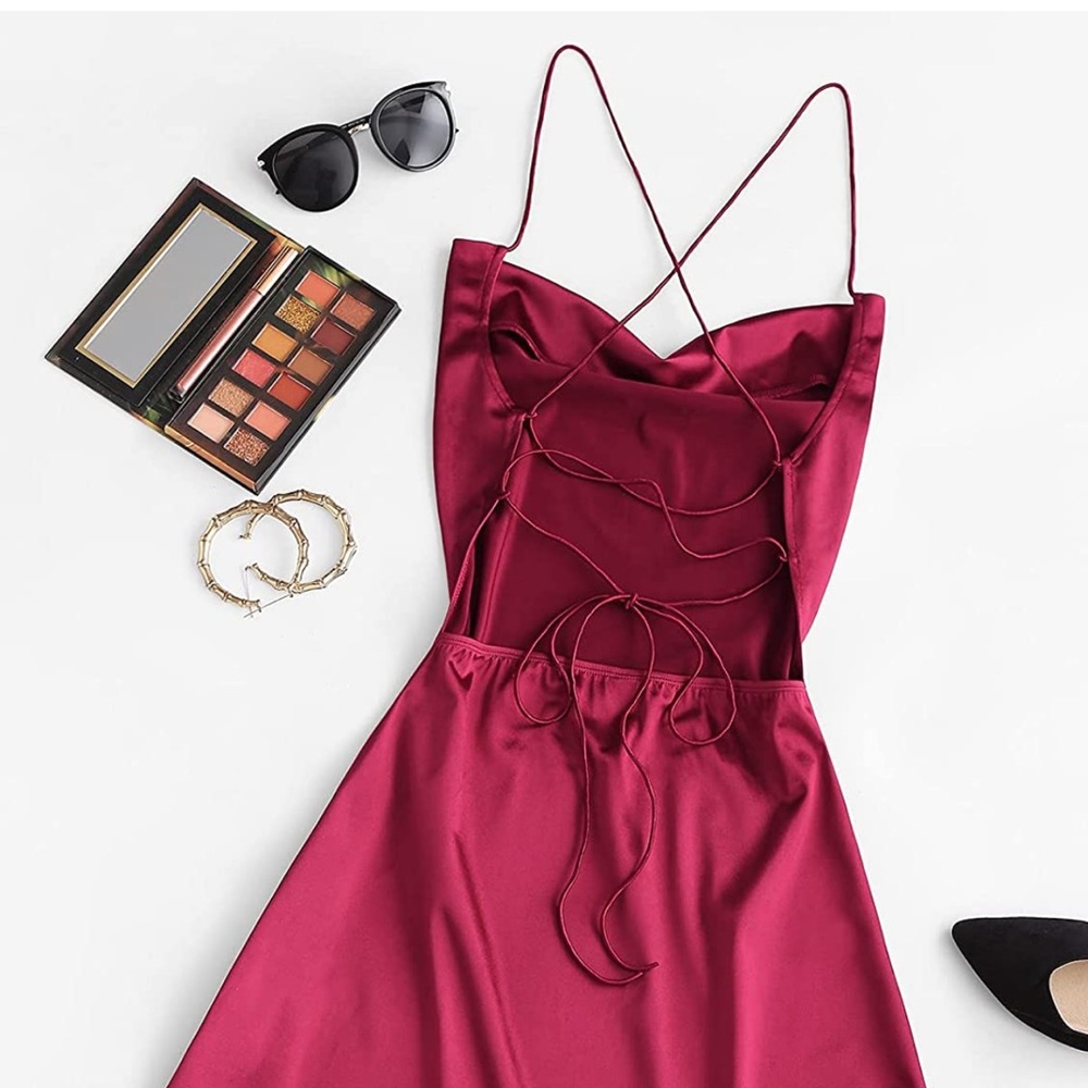 BRAND NEW - Zaful Woman’s Spaghetti Strap Lace Up Open Satin Silky Mini Dress